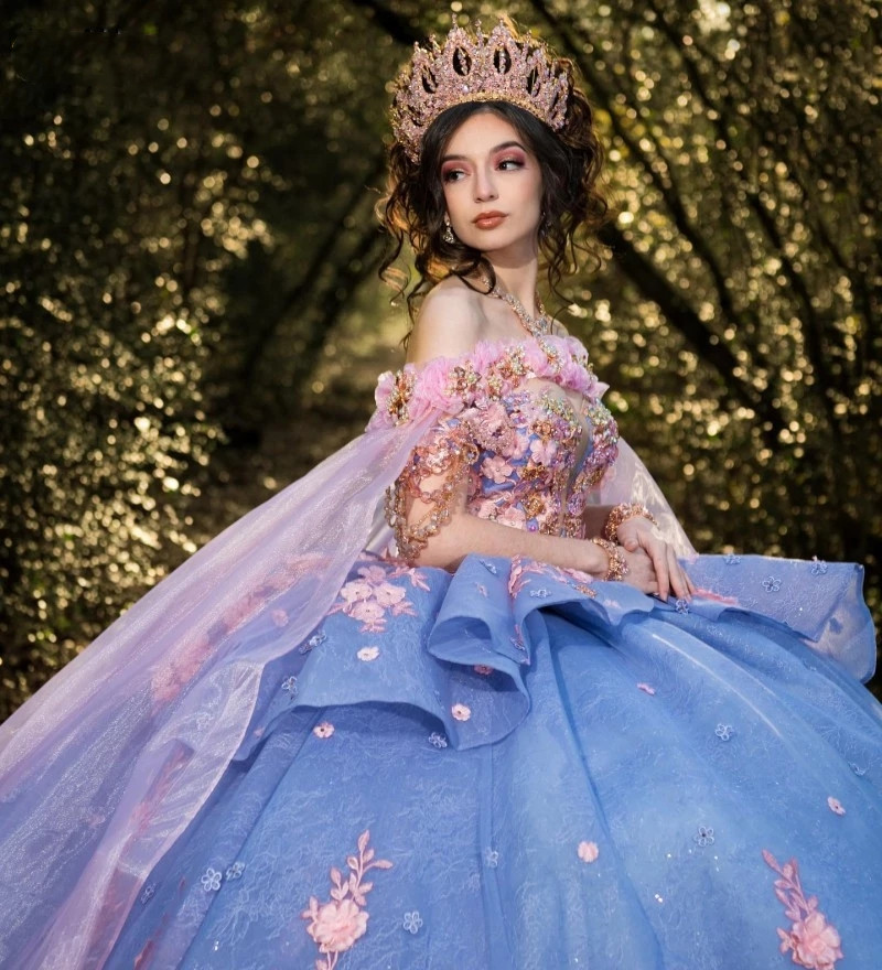 Sky Dresses Quinceanera Blue Off Shoulder Long Sleeves Pink Lace Applique Crystal Beads Wers Tiered Sweet Dress Vestidos De Prom Party Gowns