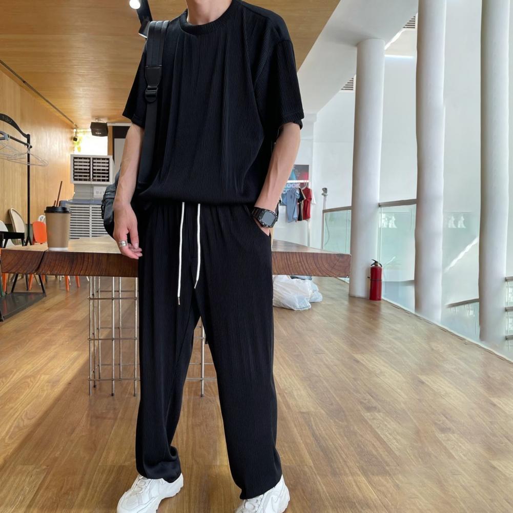 Men's Tracksuits Summer Track and Field Suit Set Men's Solid Ice Silk Dress Short Sleeve Top Long Pants Loose Sweatwear Casual Wear ropa hom