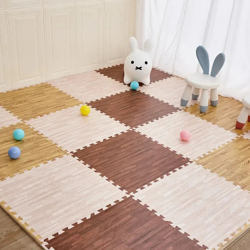 Baby Rugs Playmats 16Pcs DIY EVA Foam Floor Mat Interlocking Puzzle Tile Wood Grain Kids Toys Playmat for Yoga Gym Exercise Playground Protection 2311