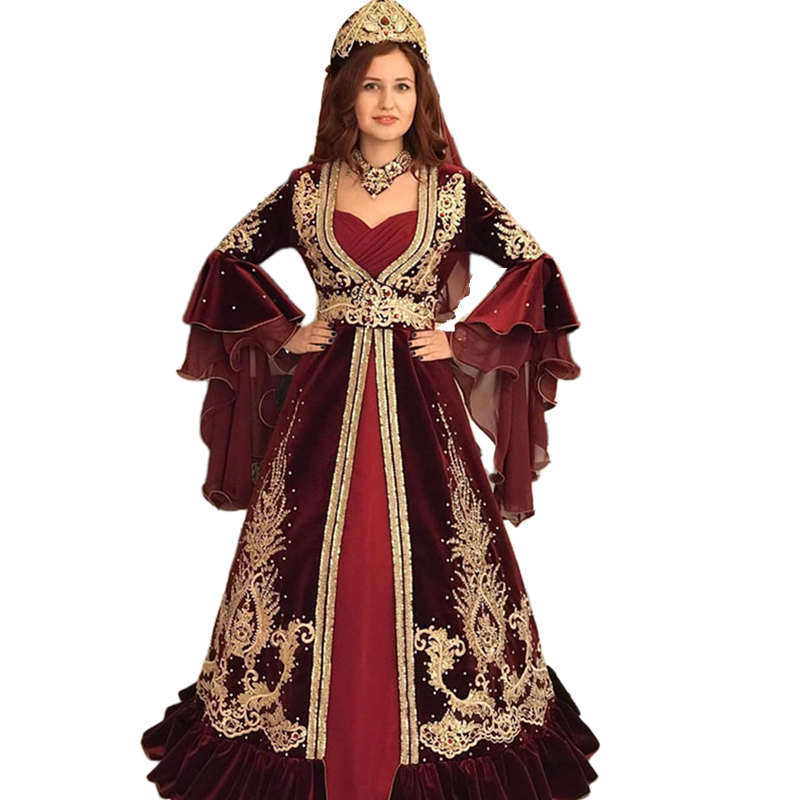 Elegant Kaftan Burgundy Velvet Evening Dresses With Flare Long Sleeves Gold Lace Appliques Crystal Beaded 2024 Arabic Moroccan Prom Party Gown Formal 