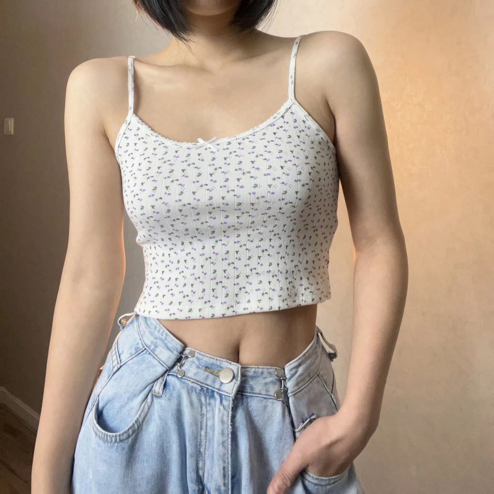 Camisoles Tanks Women Pink Floral Print Tank Tops Spring Fashion Ladies Cropped Sling Tops Girls Sweet Camis Short Cute Tank 230420