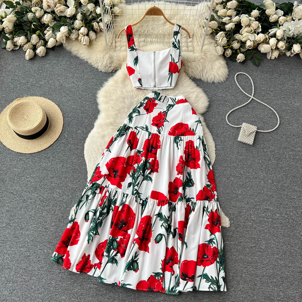 Two Piece Dress Summer Runway Sicily Floral Matching Outfits Womens Short Spaghetti Strap Crop Top Long Maxi Vacation Skirt 2 Piece Set 2023