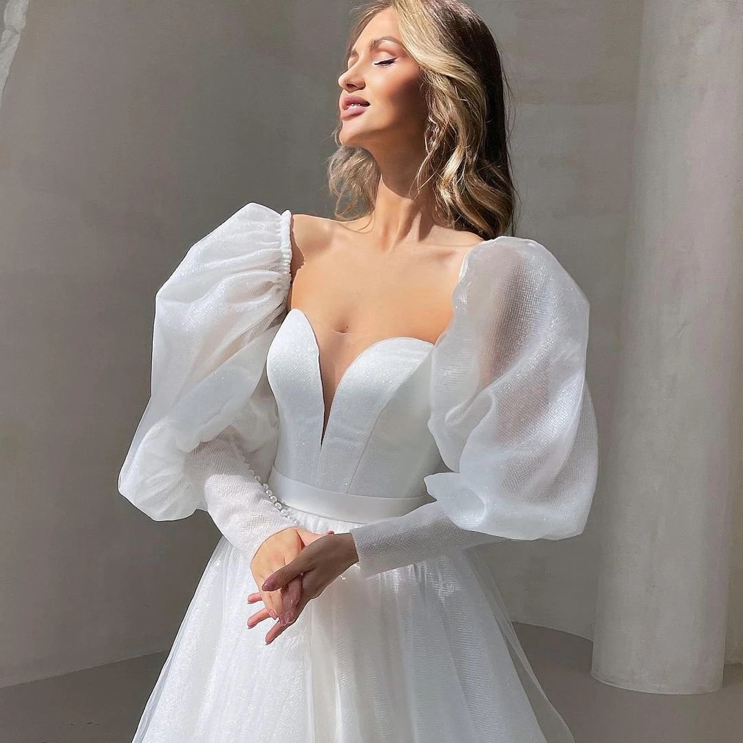 Modest Top Sequined Wedding Dress 2024 Sweetheart Puff Sleeve Boho A-Line Tulle Princess Bridal Party Gown Vestido De Novia New