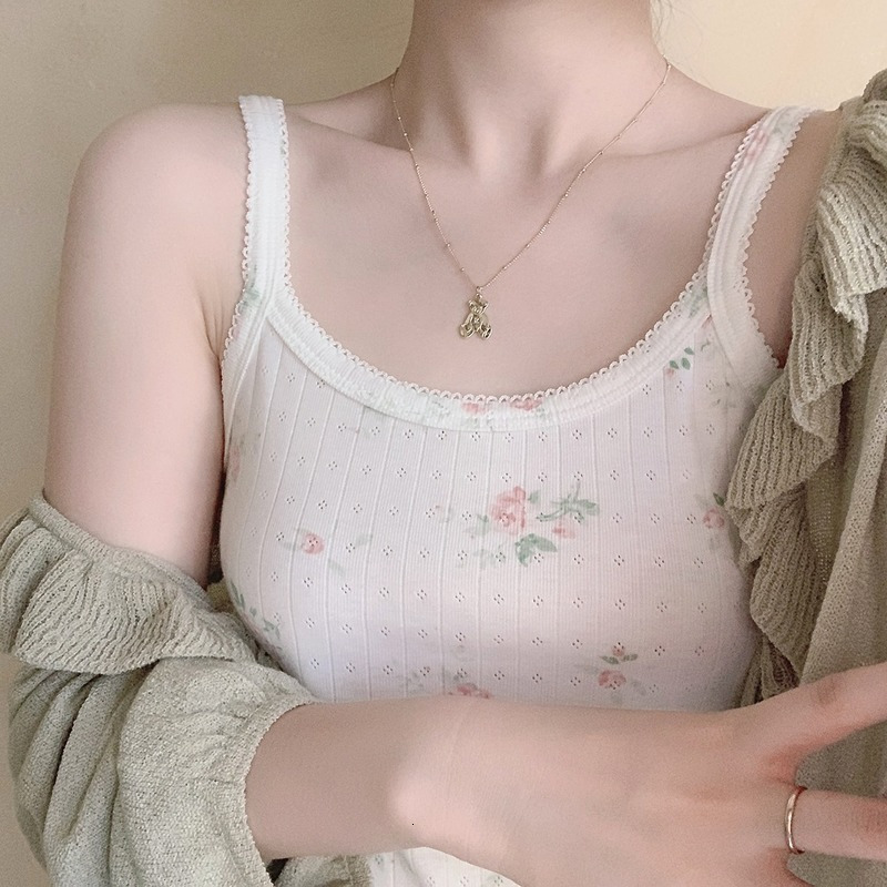 Camisoles Tanks Cotton Crop Top Women Summer Camis Floral Knitted Camis Hollow Out Cute Tops Sweet Girl Lolita Style Aesthetic Kawaii Clothes 230420
