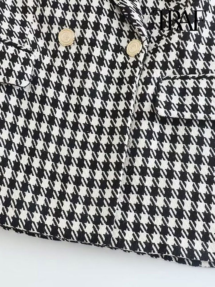 Women s Suits Blazers TRAF Women Fashion Double Breasted Houndstooth Blazer Coat Vintage Long Sleeve Flap Pockets Female Outerwear Chic Vestes 230407