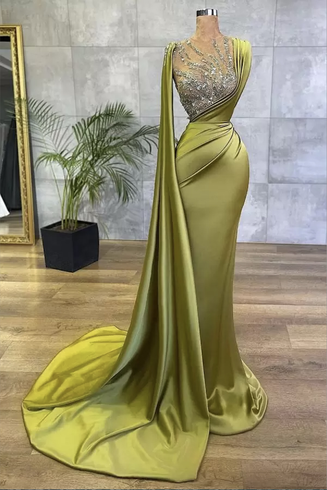 Arabic Lemon Green Satin Mermaid Evening Prom Dresses Sheer Mesh Top Sequin Beads Ruched Formal Occasion Wear Gold Hunter Sheer Neck Sweep Train Robe 