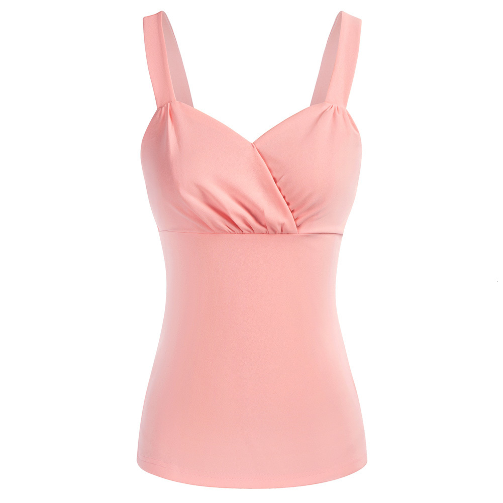 Camisoles Tanks Women's Sexy Vintage Surplice V-Neck Top Summer Solid Soft Slim Waist Fit Ruched Bodice Top Summer Lady 230408