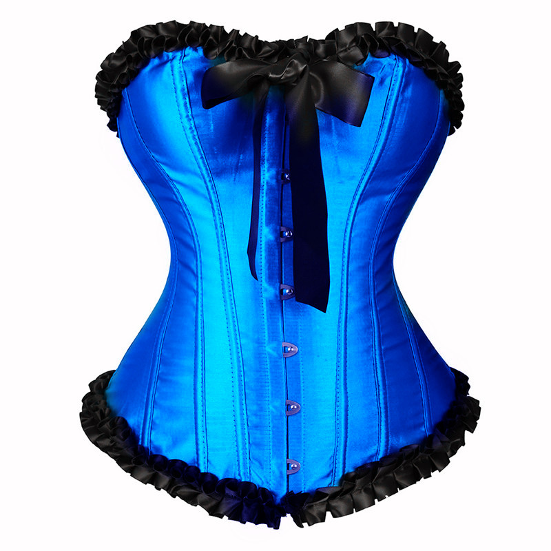 Women Ruffle Trim Satin Overbust Corset with Self-tie Bow XS-3XL Fashion Showgirl Clubwear Shaper Multi-colors Christmas Outfit