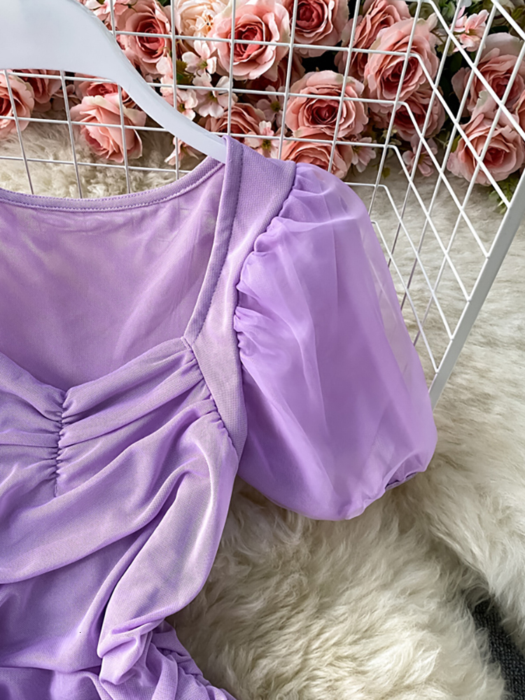 Casual Dresses Purple/Brown/Hite Sexy Mesh Tight Dress Women's Elegant Square Neck Short Sleeve Pleated Tank Top Women's Summer 230408