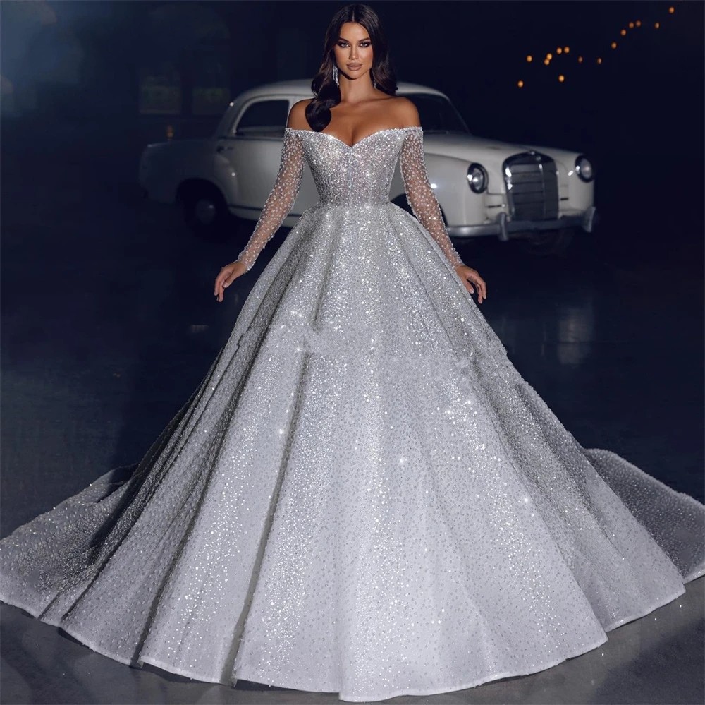 2025 Arabia Glitter Princess Wedding Dress Off Shoulder Sparkly Long Sleeves Bridal Gowns A-Line Dubai Pageant Bride Dresses Vestidos De Novia