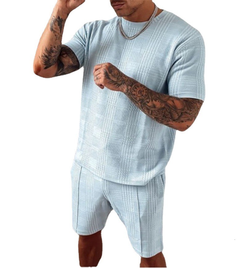 Men's Tracksuits Men's two-piece summer casual T-shirt and shorts set Men's striped sportswear 230408