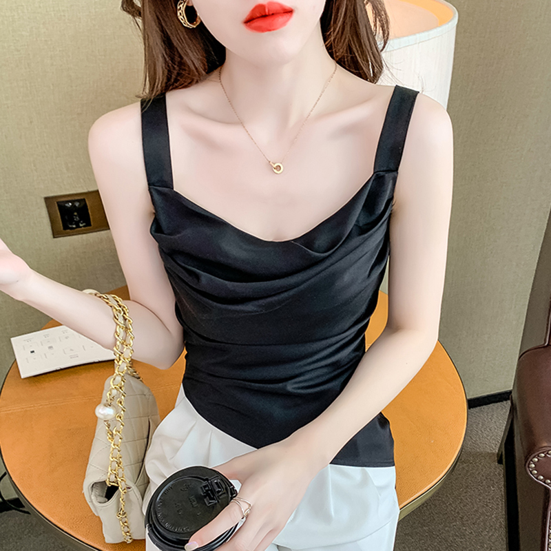 Camisoles Tanks Summer Silk Women Tops Camis Sexy Halter Top Woman Sleeveless Solid Folds Tank Tops Female V-neck Camisole Basic White Vest 230413