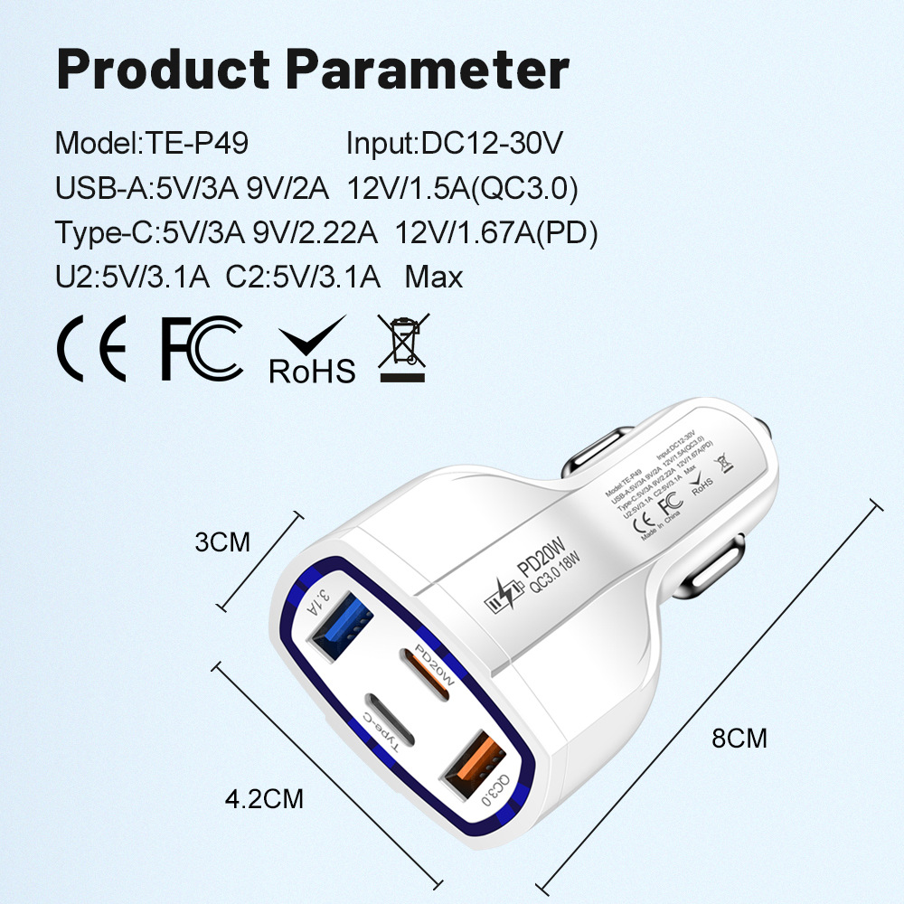 53W Fast Quick Charger 4 Ports USB C PD Car Charger Vehicle Type c 20W Car Chargers For IPad Iphone 13 14 15 Pro Samsung S22 S23 S24 htc Android phone