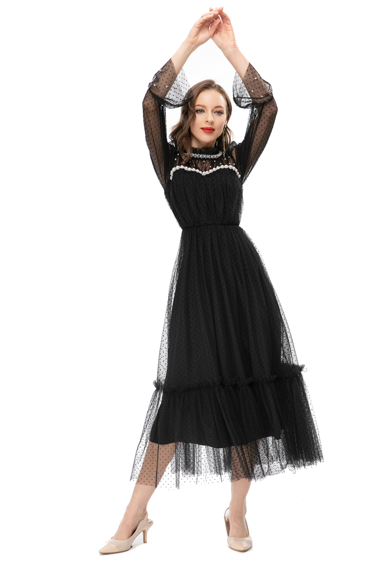 Women's Runway Dresses Stand Collar Long Sleeves Beaded Polka Dots Layered Fashion Vestidos