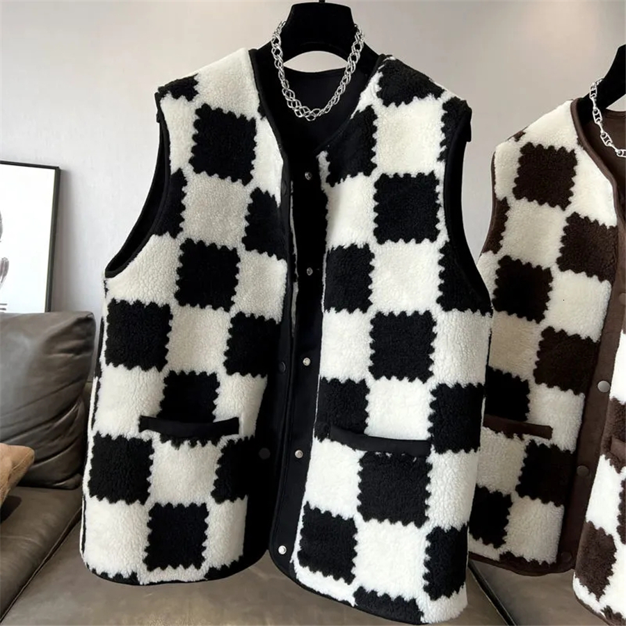 Women's Vests Women's Tank Top Casaco Teddy Sleeveless Jacket Korean Coat Autumn Winter Coat aLarge 4XL Black and White Plaid Artificial She