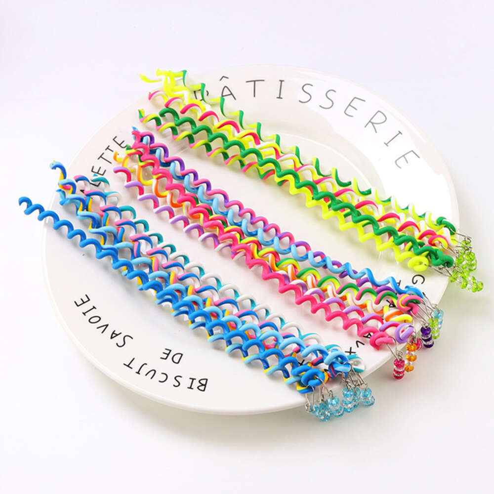 6PCS/Set Colorful Crystal Long Spiral Headbands Curly Hair Colored Phone Cord Baby Girl With Braids Ornament Hairband Wholesale