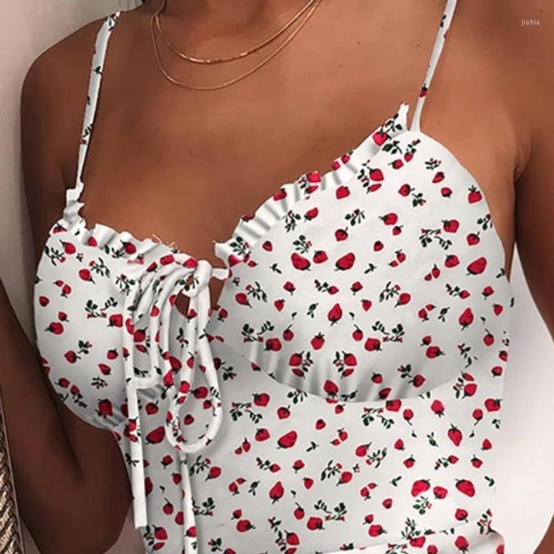 Casual Dresses 2023 Summer Strawberry Print Sweet Sling Dress For Women Fashion V-neck Lace-up Spaghetti Strap Boho Party Daily Sundresses
