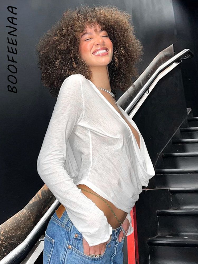 Womens TShirt BOOFEENAA Casual Deep V Cowl Neck Hooded Tshirt for Sexy Long Sleeve White Sheer Crop Top 2000s Clothes Y2k Tees C85BB21 230408