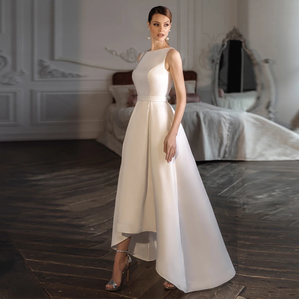 2024 Classic Boat Neck Sleeveless A-Line Satin Wedding Dress For Bride Elegant Backless Buttons High/Low Women Bridal Formal Gowns Vestidos De Novia