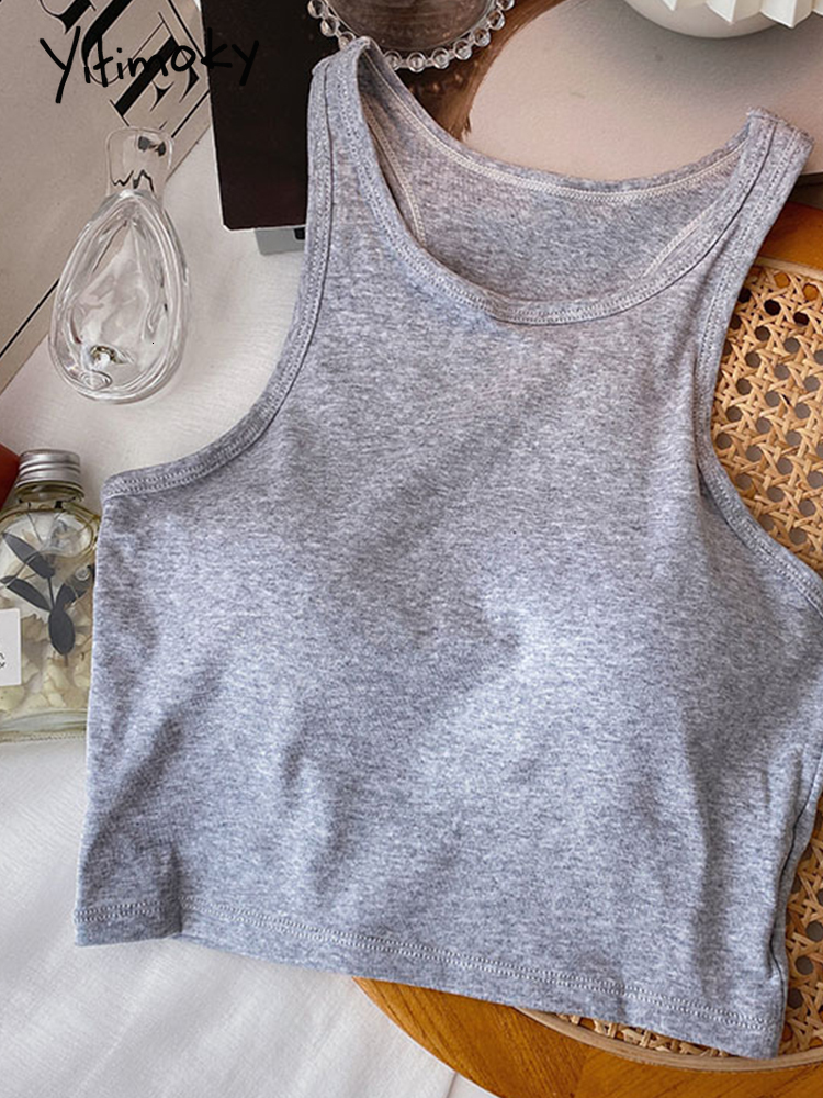 Camisoles Tanks Yitimoky Tank Tops for Women Summer Blended Backless Short Camis Sexy Crop Halter Top Solid Casual Clothing Streetwear 230413