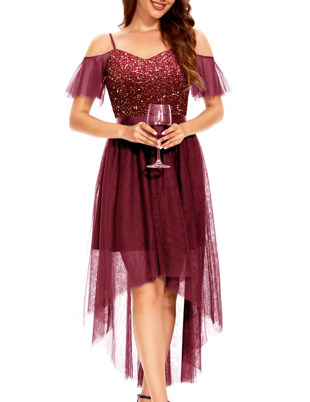 Long Prom Dresses Princess Hi-Lo Sequins Spaghetti Strap Off-the-Shoulder Sweetheart Tulle A-Line Plus Size Formal Occasion Evening Party Gown P06