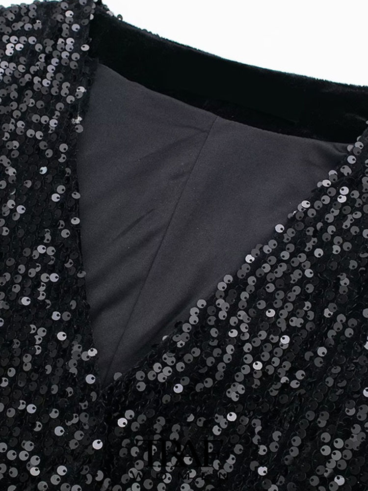 Women's Vests TRAF Women's Fashion Front Button Sequin Velvet Tank Top Vintage V-neck Sleeveless Women's Unique Top 230408