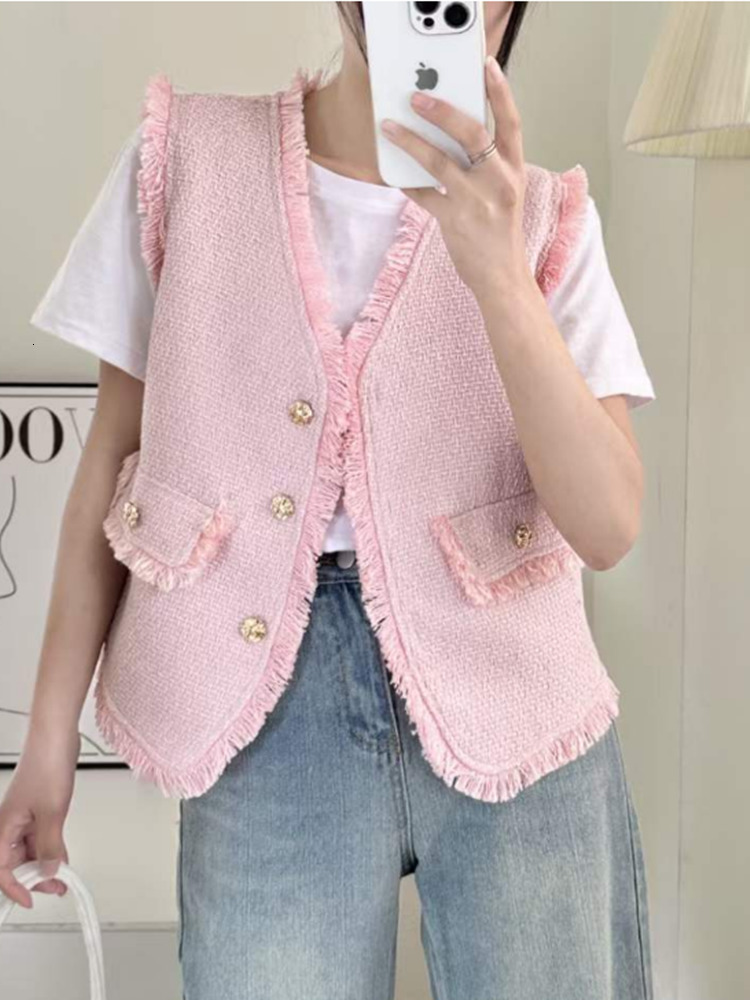 Women's Vests HMA vintage tweed tassel sleeveless coat women's single chest V-neck vest sweet loose jacket casual classic vest 230408
