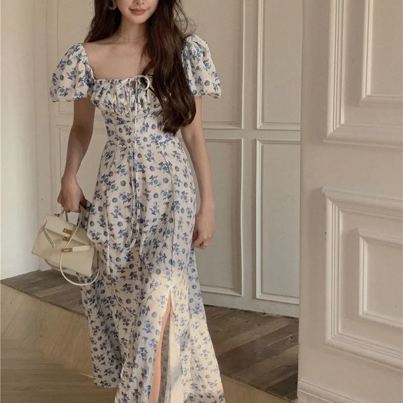 Casual Dresses French Style Small Print Dress Women's Puff Sleeves Ultra Thin Classic Dress A-line Split Dress Sexy Retro Birthday Party Summer 2