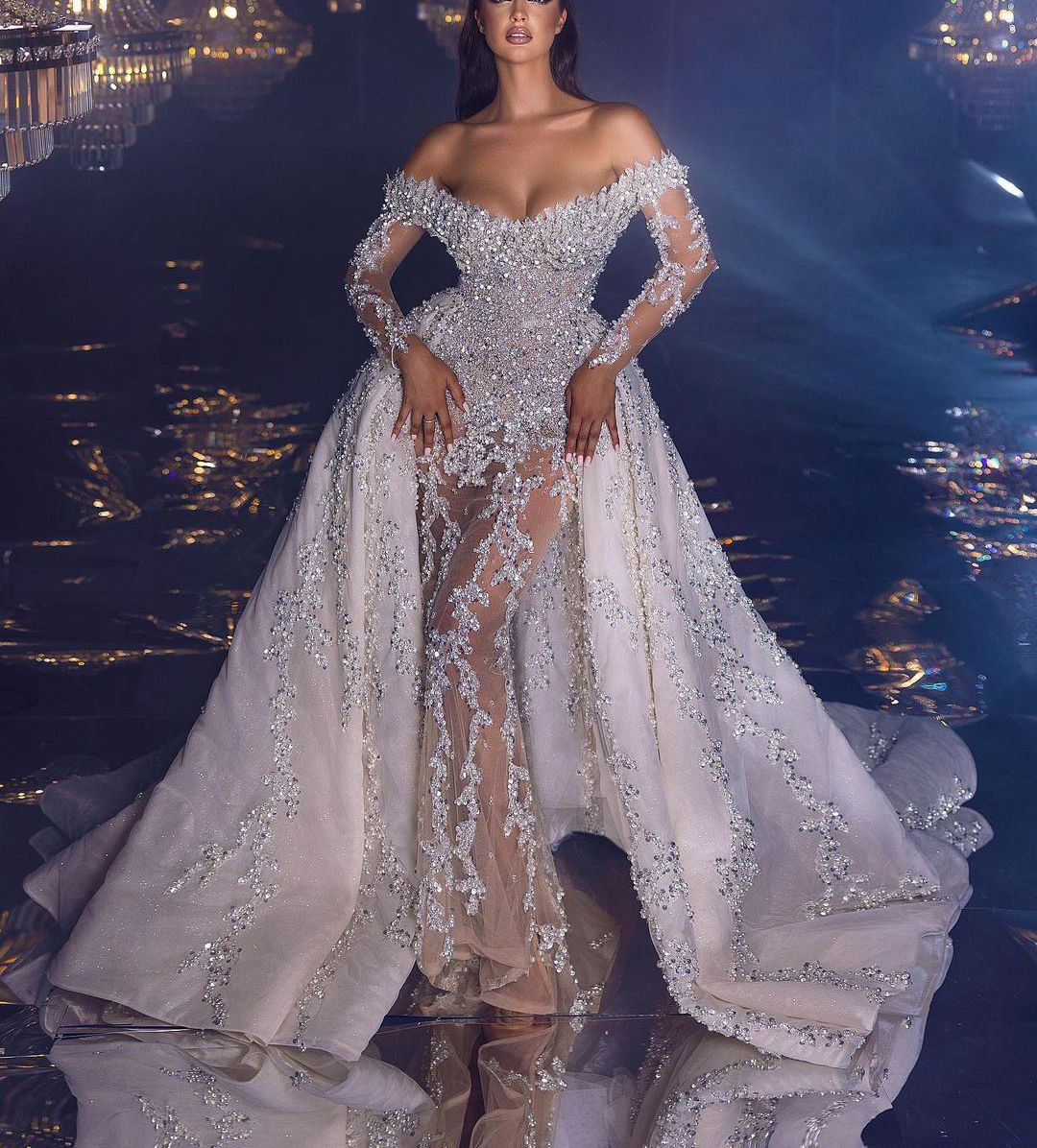 Luxury Mermaid Wedding Dresses Long Sleeves V Neck Diamonds Appliques Sequins Beaded Ruffles Detachable Train Floor Length Bridal Gowns Custom Made ab