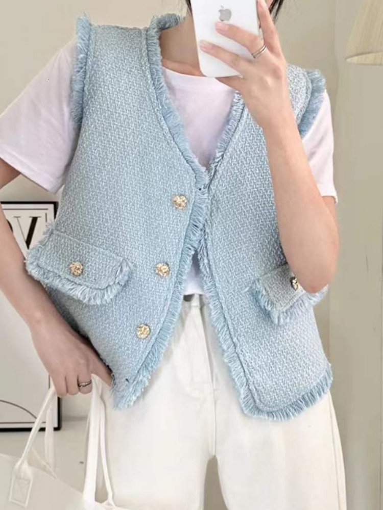Women's Vests HMA vintage tweed tassel sleeveless coat women's single chest V-neck vest sweet loose jacket casual classic vest 230408