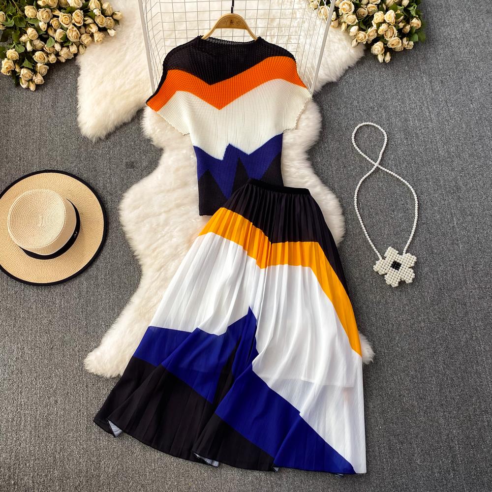 Vintage Blue Striped Two Piece Dress Women Sexy V-Neck Ruffle Short Tops High Waist Split Wide Leg Pants Female Suit New 2024