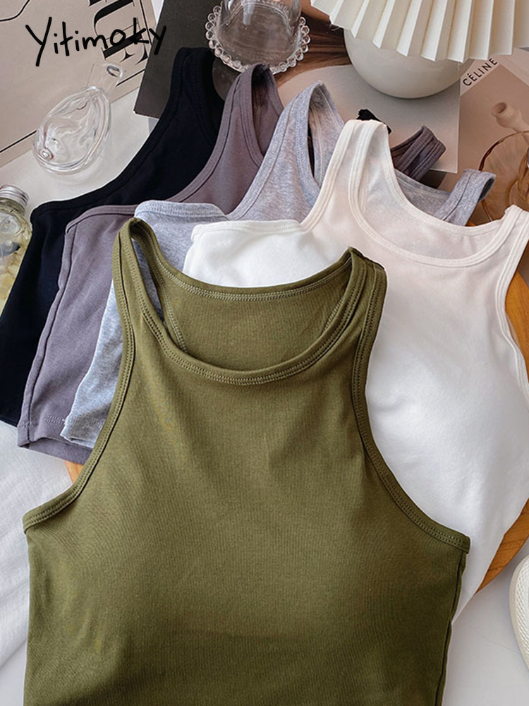 Camisoles Tanks Yitimoky Tank Tops for Women Summer Blended Backless Short Camis Sexy Crop Halter Top Solid Casual Clothing Streetwear 230413