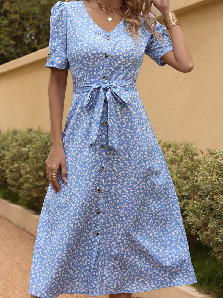 Casual Dresses LiTi Summer Printed Dress Women's Leisure Vacation Lace Dress Large Swing Dress Printed Knot Dress Spring 230408