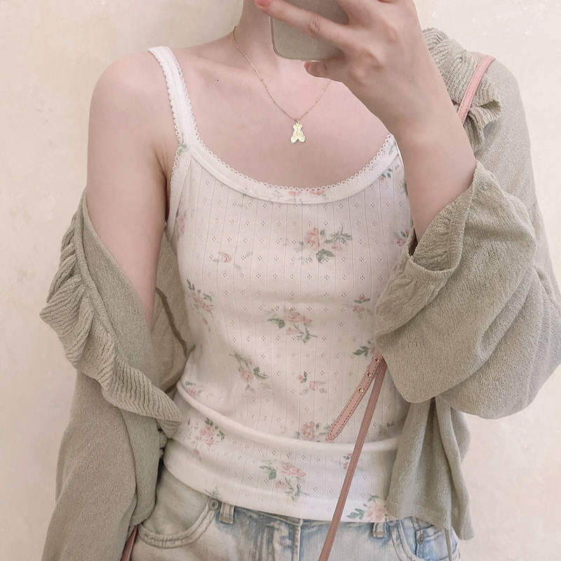 Camisoles Tanks Cotton Crop Top Women Summer Camis Floral Knitted Camis Hollow Out Cute Tops Sweet Girl Lolita Style Aesthetic Kawaii Clothes 230420