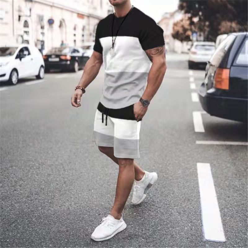 Men's Tracksuits Men's summer patch work track set men's casual short sleeved T-shirtshorts 2-piece men's sportswear 230408