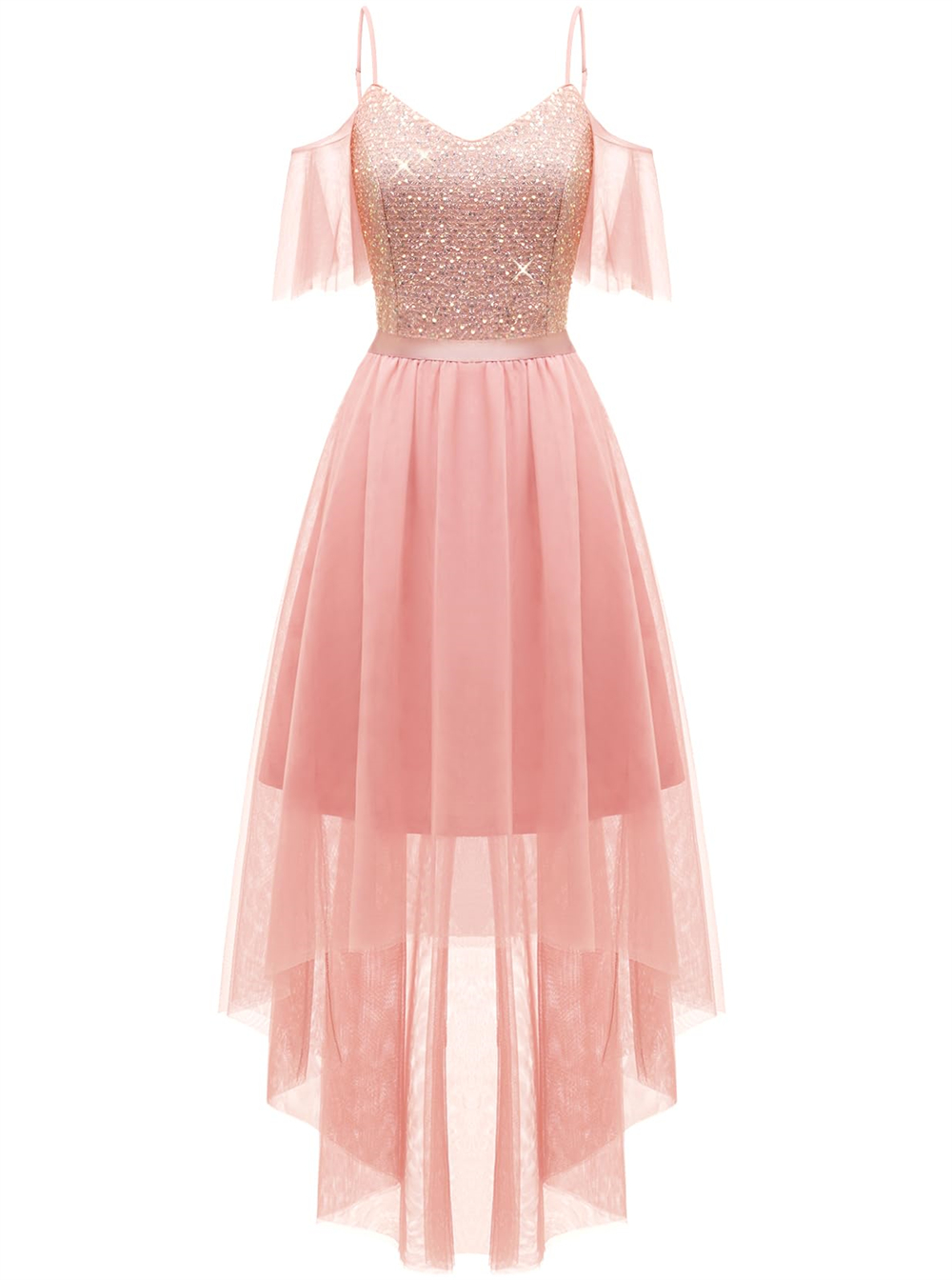 Long Prom Dresses Princess Hi-Lo Sequins Spaghetti Strap Off-the-Shoulder Sweetheart Tulle A-Line Plus Size Formal Occasion Evening Party Gown P06