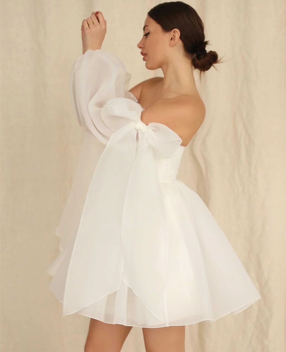2024 Short A-Line Wedding Dress Strapless Neck Bride Robes Backless Bridal Party Gowns Off The Shoulder Bow Vestidos De Novia