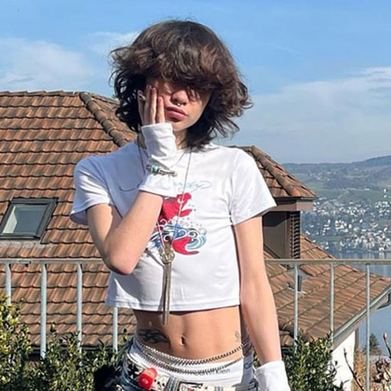 Men's T-Shirts 2000s Summer Fashion Koi Printing T Shirt Men Women Harajuku Cartoon Casual Gothic Punk Streetwear Y2k Hip Hop Crop Top Tees Gay 2