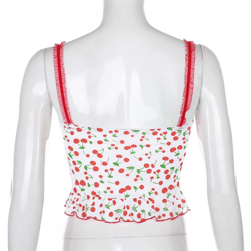 Women s T Shirt Cherry Printed Ruched y2k Cute Cropped Top Summer Bow Sleeveless Aesthetic Top Tee Sexy Skinny 90s Camisole 230407