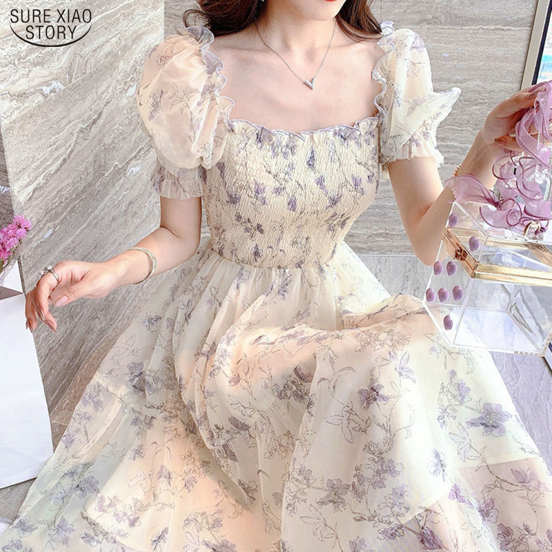 Casual Dresses Leisure Printed Party Dress Elegant Women's Dress Sweet Short Sleeve Chiffon Long Dress Summer Costume Vestidos 20044 230408