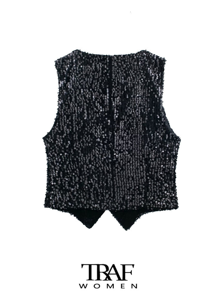 Women's Vests TRAF Women's Fashion Front Button Sequin Velvet Tank Top Vintage V-neck Sleeveless Women's Unique Top 230408