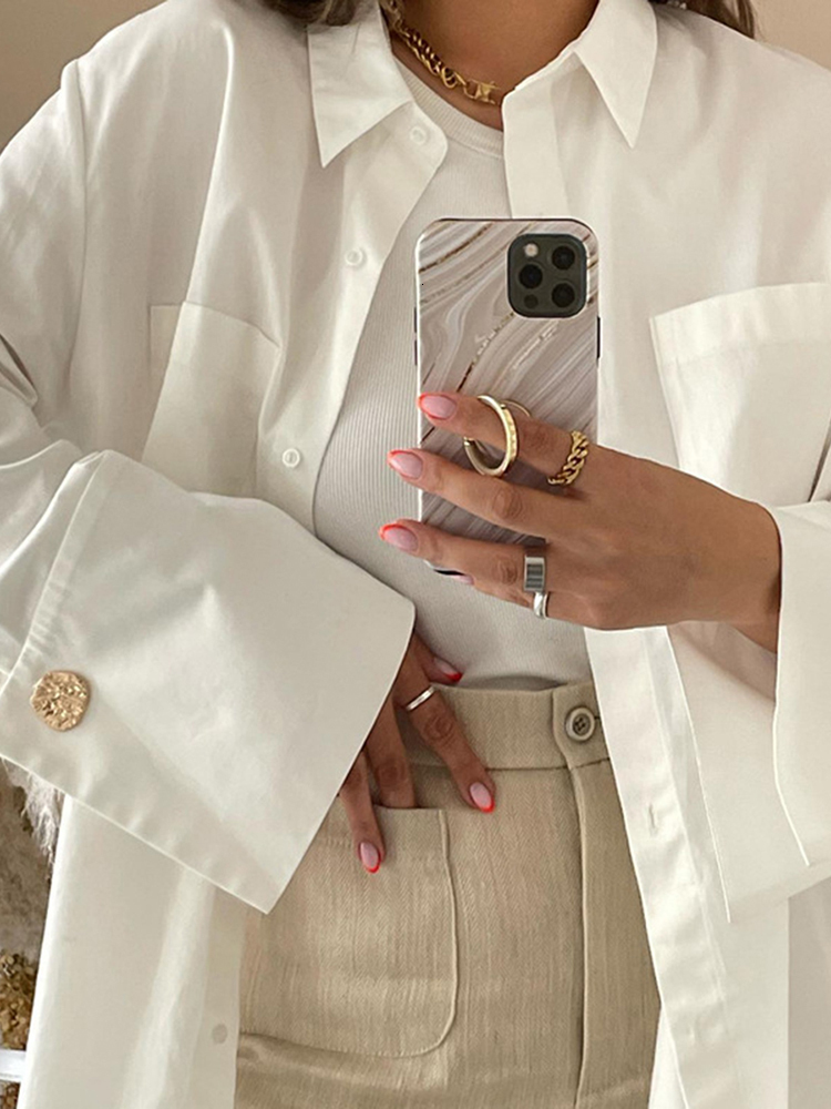 Women s Blouses Shirts Jyate Fashion Woman 2023 Elegant Lapel Long Sleeve Office Lady Casual Loose White Pockets Tops Female Clothing 230407