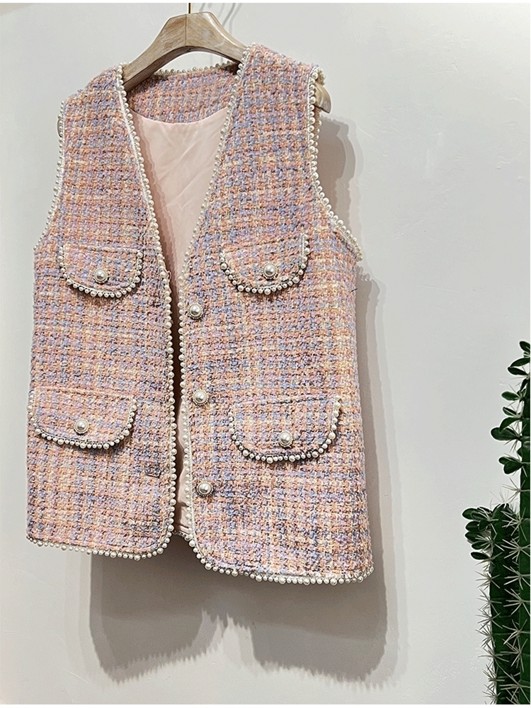 Women's Vests autumn all matching ultra-thin paperback vest tweed vest beaded vest women's single chest exterior 230408
