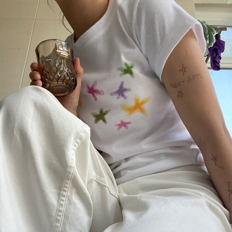 Women s T Shirt Karrram Japanese Kawaii T shirt 00s Harajuku White Tee Shirt Fairycore Y2k Tops Cute Star Print Short Sleeve Tshirt E girl 2000s 23040