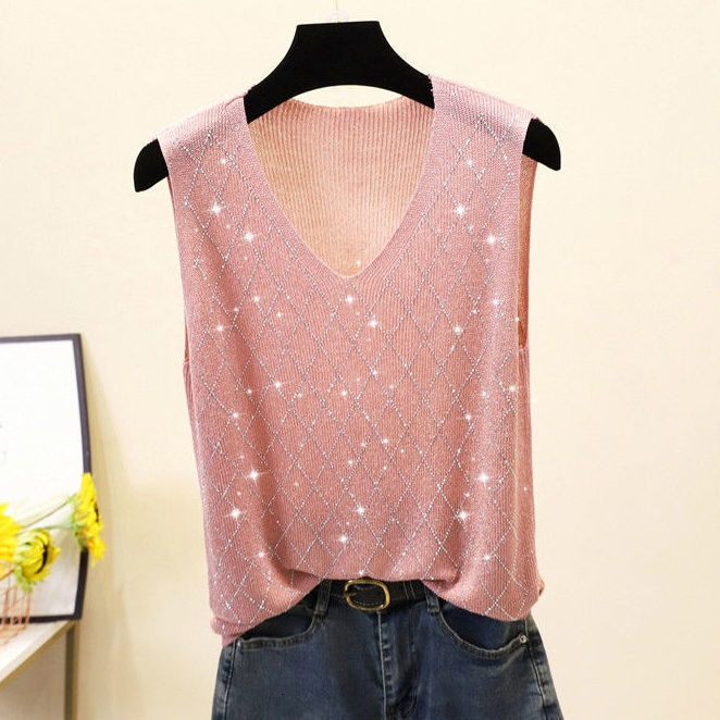 Camisoles Tanks Sexy Shiny Knitted Top Summer V-neck Diamonds Tank Top Women Slim Top Female Bling Sleeveless T-shirt Vest Camis 230413