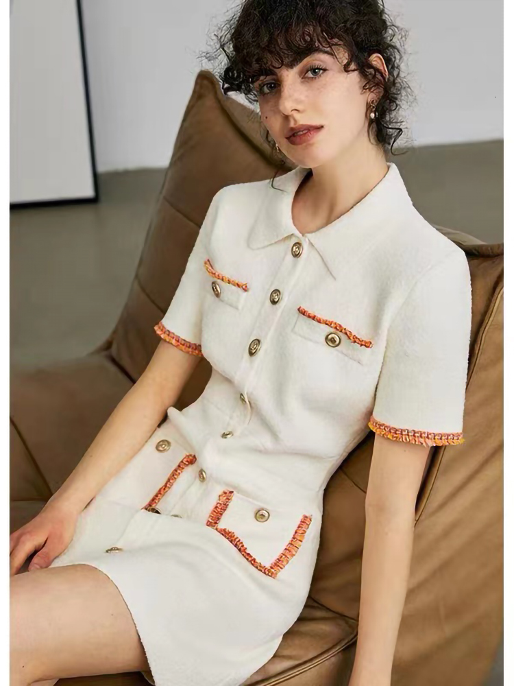 Casual Dresses Spring MAJ * Polo Collar Button Knit Skirt Women's Contrast Decoration and Edge Gold Button miniskirt 230408