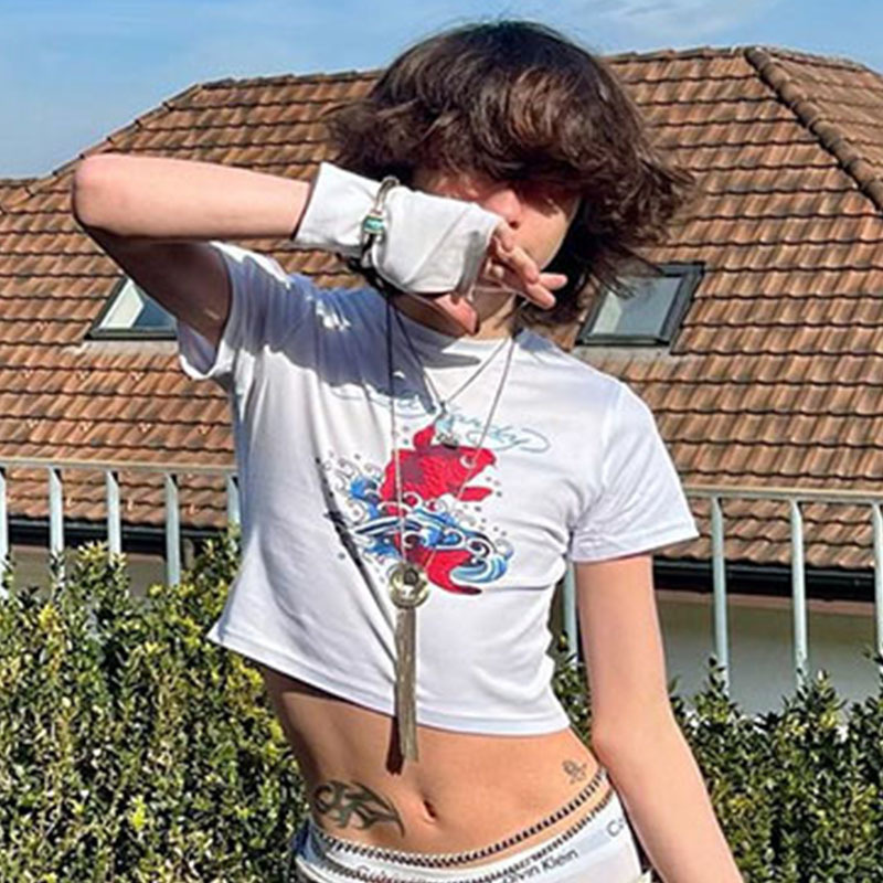 Men's T-Shirts 2000s Summer Fashion Koi Printing T Shirt Men Women Harajuku Cartoon Casual Gothic Punk Streetwear Y2k Hip Hop Crop Top Tees Gay 2