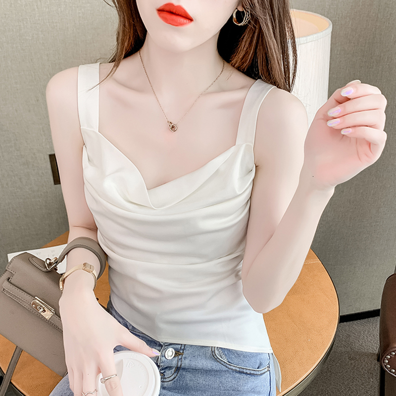 Camisoles Tanks Summer Silk Women Tops Camis Sexy Halter Top Woman Sleeveless Solid Folds Tank Tops Female V-neck Camisole Basic White Vest 230413