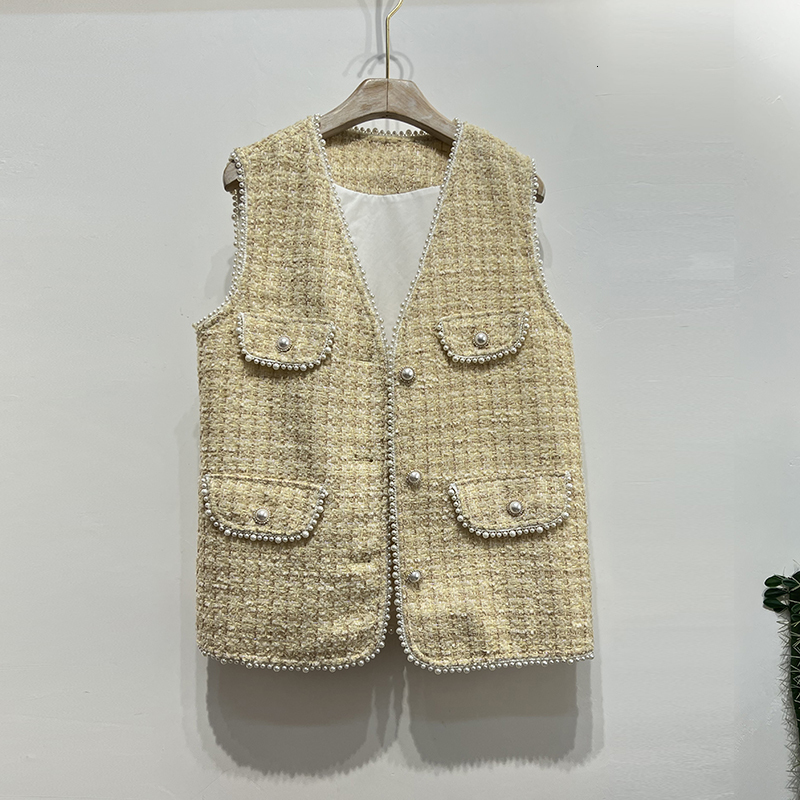 Women's Vests autumn all matching ultra-thin paperback vest tweed vest beaded vest women's single chest exterior 230408