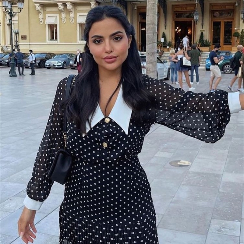 Casual Dresses Foredol Peter Pan Collar Polka Dot Vintage Chiffon Autumn Summer Black Women's Vestito Spring Vintage Office Casual Dress 230408